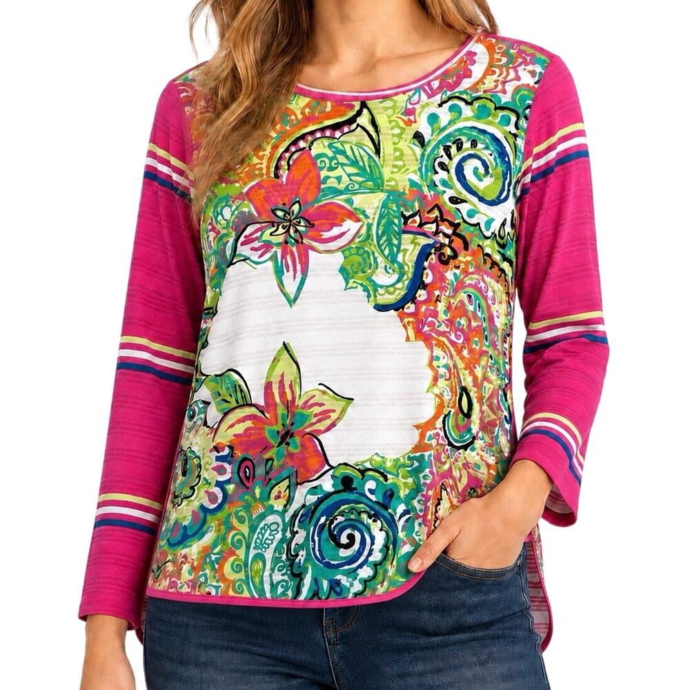 A la Carte Womens Medium Wearable Art Multicolor Artsy Tropical Blouse Shirt Top